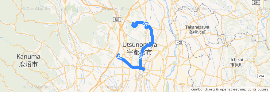 Mapa del recorrido 関東自動車バス[61] 駒生営業所⇒宝井⇒宇都宮グリーンタウン de la línea  en 宇都宮市.