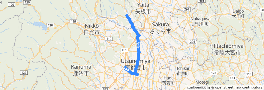 Mapa del recorrido 関東自動車バス[62] 駒生営業所⇒玉生車庫 de la línea  en 栃木県.