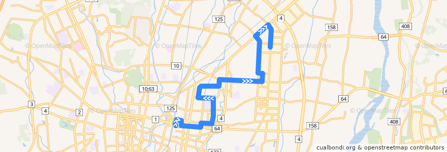 Mapa del recorrido 東野交通バス 宇都宮駅東口⇒東図書館⇒平出工業団地 de la línea  en Utsunomiya.