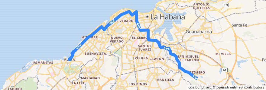 Mapa del recorrido Línea de metrobus P1 La Rosita => Playa de la línea  en La Havane.