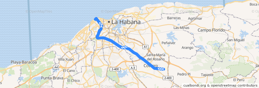 Mapa del recorrido Línea de metrobus P2 Cotorro => Vedado de la línea  en La Habana.