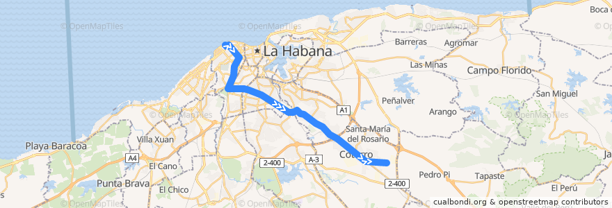 Mapa del recorrido Línea de metrobus P2 Vedado => Cotorro de la línea  en La Habana.