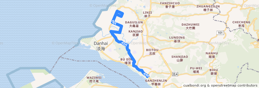 Mapa del recorrido 新北市 紅38 捷運淡水站-淡海新市鎮 (返程) de la línea  en Tamsui District.