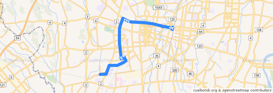 Mapa del recorrido 宇都宮駅⇒陽西通り⇒鶴田駅 de la línea  en Utsunomiya.