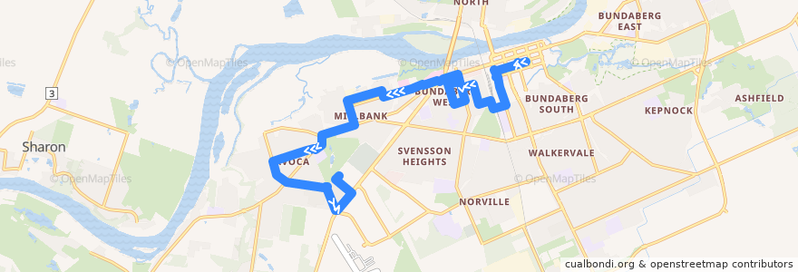 Mapa del recorrido City to Sugarland servicing Hospitals, Argyle Village de la línea  en Bundaberg Region.