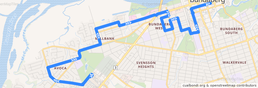 Mapa del recorrido Sugarland to City servicing Argyle Village, Hospitals de la línea  en Bundaberg Region.