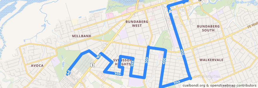 Mapa del recorrido Sugarland to City servicing Svensson Heights de la línea  en 班达伯格地区.