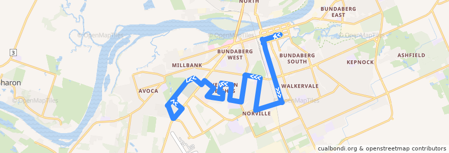 Mapa del recorrido City to Sugarland servicing Svensson Heights de la línea  en Bundaberg Region.