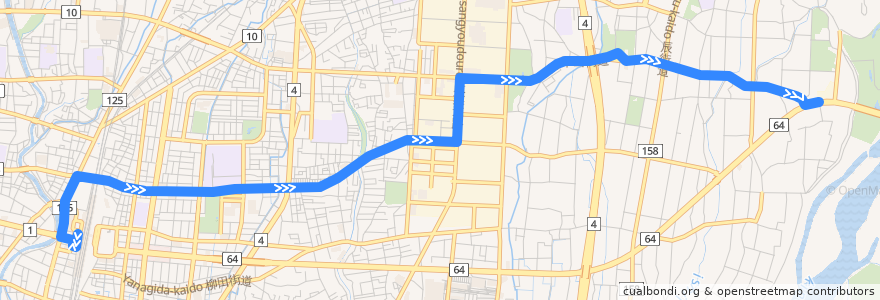 Mapa del recorrido 関東自動車バス[12] 宇都宮駅⇒越戸⇒柳田車庫 de la línea  en Utsunomiya.