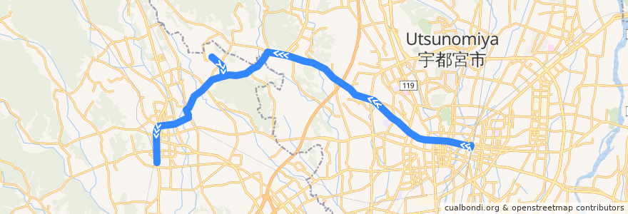 Mapa del recorrido 関東自動車バス[47] 宇都宮駅⇒荒針⇒鹿沼営業所 de la línea  en Tochigi Prefecture.