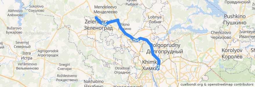 Mapa del recorrido Автобус № 400Э: Метро «Ховрино» - Зеленоград, Северная de la línea  en Óblast de Moscú.