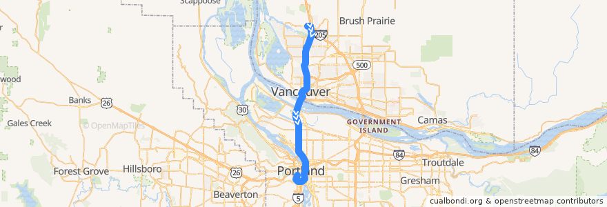 Mapa del recorrido Bus 105: Salmon Creek Park & Ride => Portland (evening) de la línea  en ایالات متحده آمریکا.