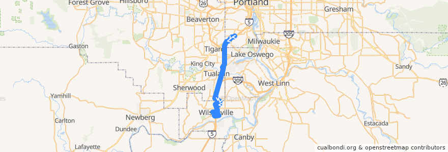 Mapa del recorrido Bus 2X: Barbur Boulevard Transit Center => Wilsonville via Mentor Graphics de la línea  en Oregon.