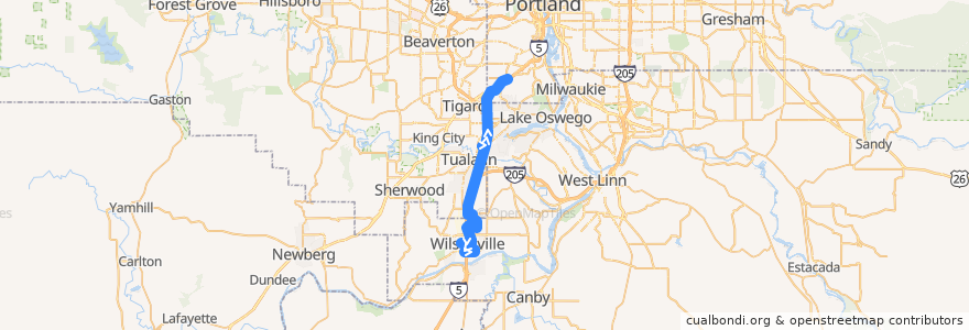 Mapa del recorrido Bus 2X: Wilsonville => Barbur Boulevard Transit Center de la línea  en オレゴン州.