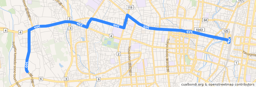 Mapa del recorrido 宇都宮駅⇒砥上車庫 de la línea  en Utsunomiya.