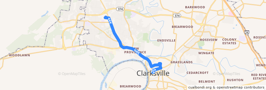 Mapa del recorrido Bus 2: Clarksville Transit Center => Fort Campbell Walmart de la línea  en Clarksville.