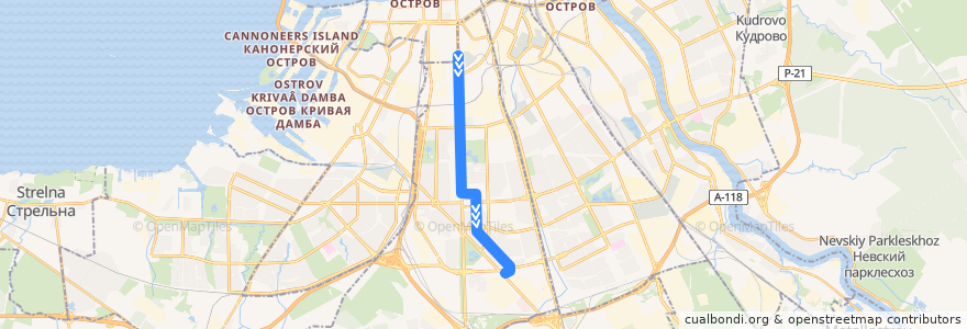 Mapa del recorrido Трамвай № 29: Трамвайный парк № 1 => Мясокомбинат de la línea  en Московский район.