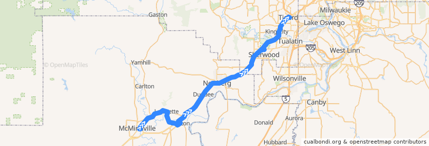 Mapa del recorrido Bus 44: McMinnville => Tigard Transit Center de la línea  en Oregon.