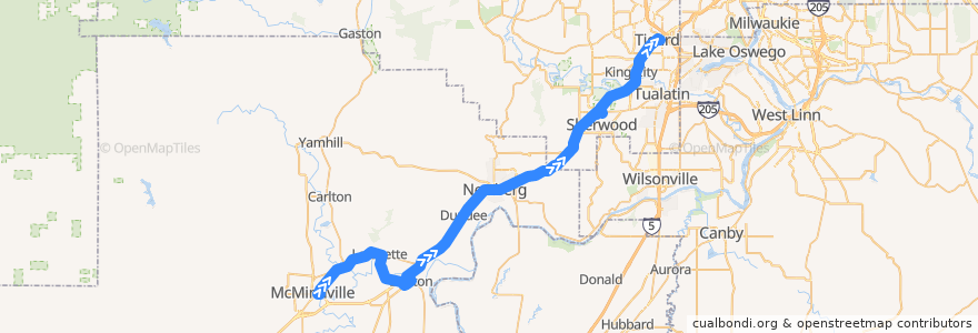 Mapa del recorrido Bus 44: McMinnville => Tigard Transit Center de la línea  en オレゴン州.