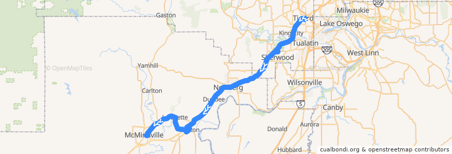 Mapa del recorrido Bus 44: Tigard Transit Center => McMinnville de la línea  en オレゴン州.