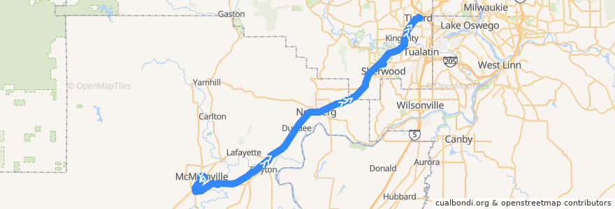 Mapa del recorrido Bus 45X: McMinnville => Tigard Transit Center de la línea  en 오리건.