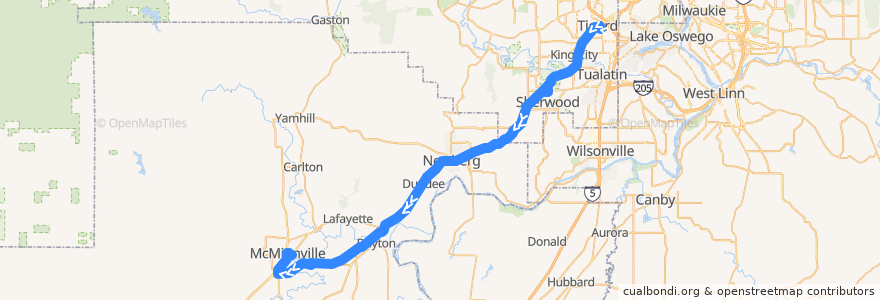 Mapa del recorrido Bus 45X: Tigard Transit Center => McMinnville de la línea  en Oregón.