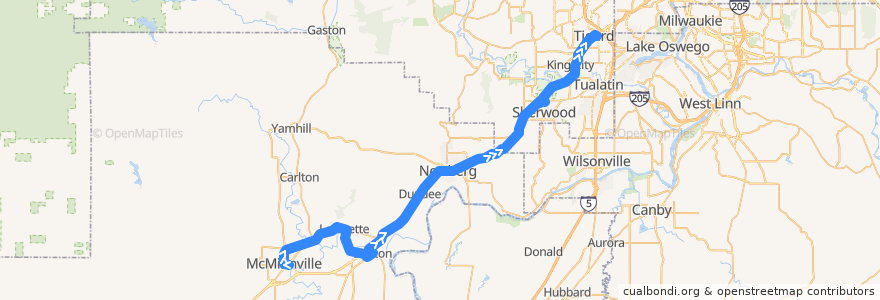 Mapa del recorrido Bus 46S: McMinnville => Tigard Transit Center de la línea  en オレゴン州.
