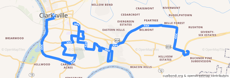 Mapa del recorrido Bus 5: Clarksville Transit Center => Madison Street Walmart de la línea  en Clarksville.