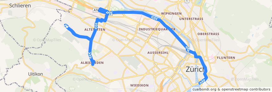 Mapa del recorrido Bus N13: Bellevue → Albisrieden de la línea  en Zürich.