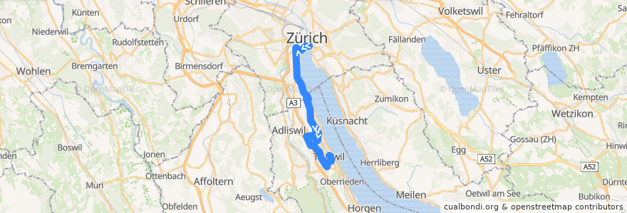 Mapa del recorrido Bus N15: Bellevue → Thalwil de la línea  en 蘇黎世州.