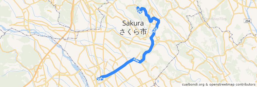 Mapa del recorrido 東野交通バス 氏家駅前⇒フィオーレ喜連川⇒びゅうフォレスト de la línea  en さくら市.