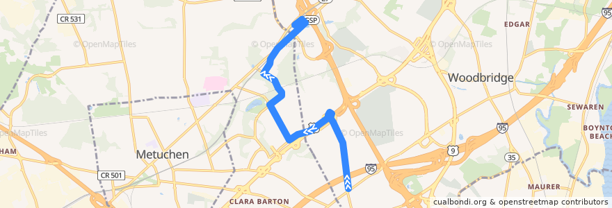 Mapa del recorrido NJTB - 805 - Fords to Metropark de la línea  en Middlesex County.