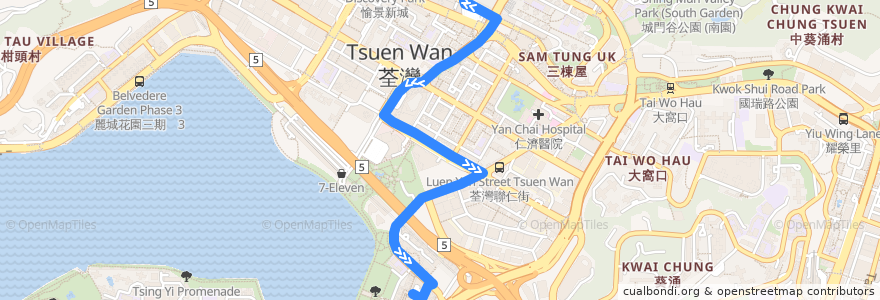 Mapa del recorrido Bus 238M (Tsuen Wan Railway Station - Riviera Garden) de la línea  en 荃灣區 Tsuen Wan District.