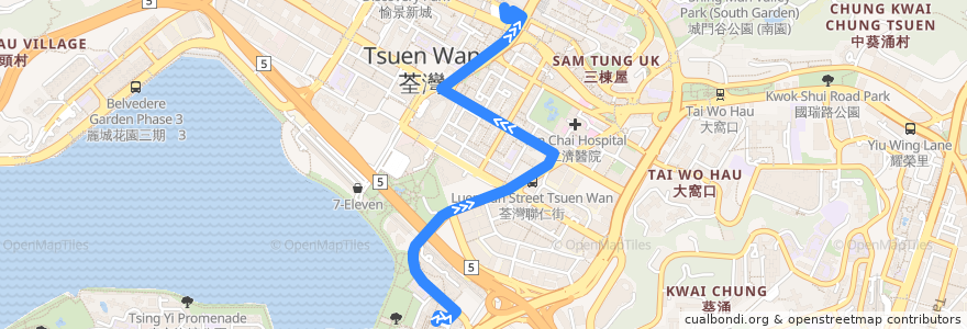 Mapa del recorrido 238M Riviera Garden - Tsuen Wan MTR de la línea  en 荃灣區 Tsuen Wan District.