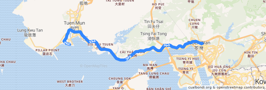 Mapa del recorrido 九巴59M線 KMB 59M (屯門碼頭 Tuen Mun Pier Head → 荃灣站 Tsuen Wan Station) de la línea  en Hong Kong.