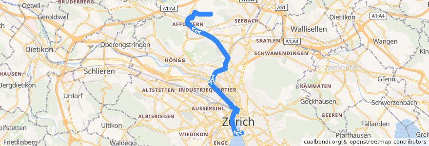 Mapa del recorrido Bus N1: Bellevue → Waidhof de la línea  en Zürich.