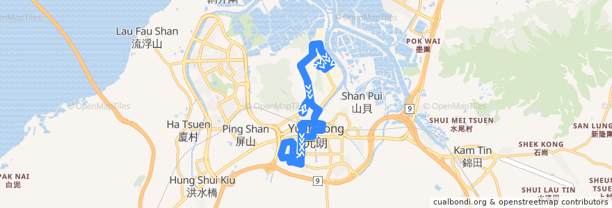 Mapa del recorrido 港鐵巴士K68綫 MTR Bus K68 (元朗工業邨 Yuen Long Industrial Estate ↺ 元朗公園 Yuen Long Park) de la línea  en Yuen Long.