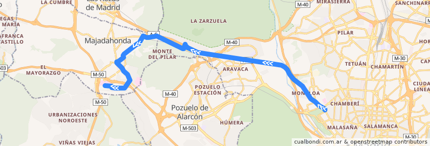 Mapa del recorrido Bus 653: Madrid (Moncloa) → Majadahonda (Hospital) Por FFCC de la línea  en Мадрид.