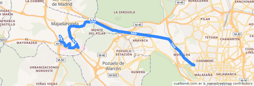 Mapa del recorrido Bus 654: Majadahonda (Los Negrillos) → Madrid (Moncloa) de la línea  en Мадрид.