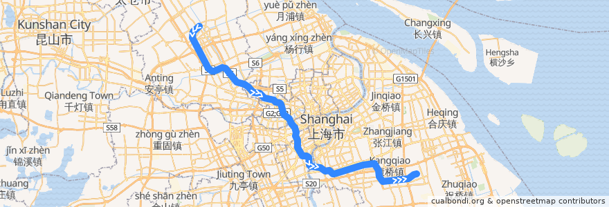 Mapa del recorrido Metro 11号线: 嘉定北 → 迪士尼 de la línea  en Shanghái.