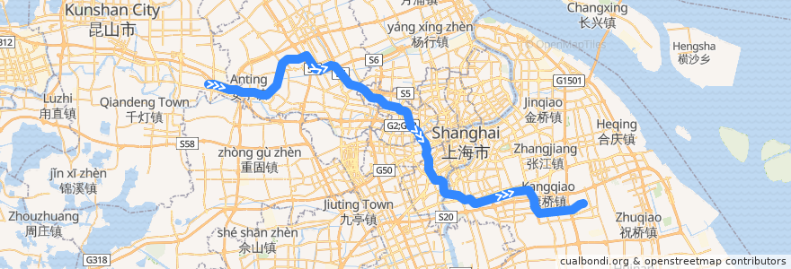 Mapa del recorrido Metro 11号线: 花桥 → 迪士尼 de la línea  en Shanghai.