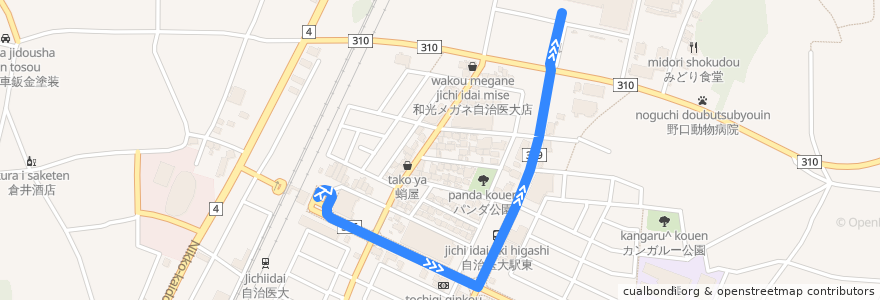 Mapa del recorrido 関東自動車バス 自治医大駅⇒自治医大病院 de la línea  en 下野市.