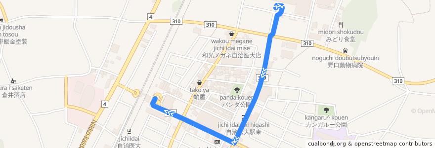 Mapa del recorrido 関東自動車バス 自治医大病院⇒自治医大駅 de la línea  en Shimotsuke.