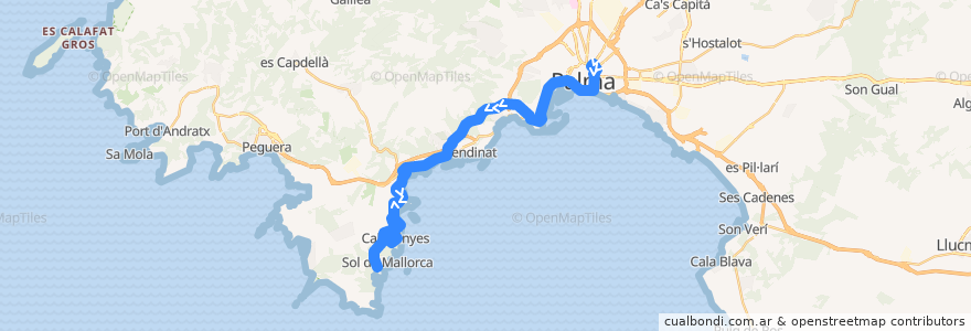 Mapa del recorrido Bus 107: Palma → Cala Vinyes (per autopista) de la línea  en جزر البليار.