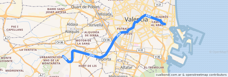 Mapa del recorrido Línia 7: Torrent Avinguda => Marítim - Serrería de la línea  en València / Valencia.