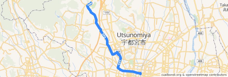 Mapa del recorrido 関東自動車バス[01] ろまんちっく村⇒仁良塚⇒宇都宮駅 de la línea  en Utsunomiya.