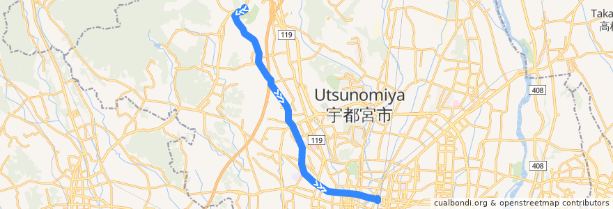 Mapa del recorrido 関東自動車バス[01] ろまんちっく村⇒陽西中⇒宇都宮駅 de la línea  en 宇都宮市.