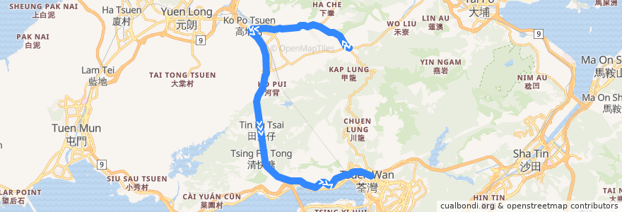 Mapa del recorrido 九巴251M線 KMB 251M (上村 Sheung Tsuen → 荃灣站 Tsuen Wan Station) de la línea  en Hong Kong.