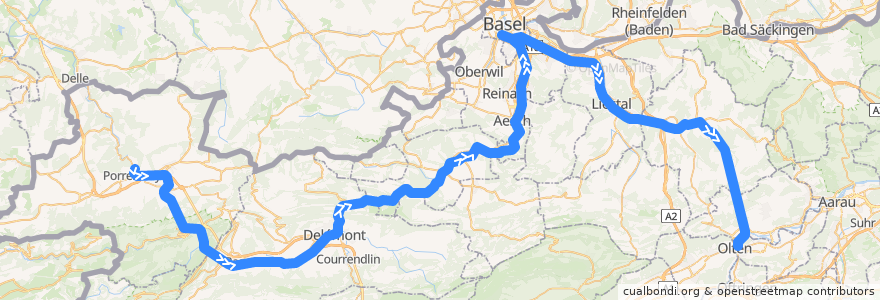 Mapa del recorrido S3: Porrentruy => Olten de la línea  en Schweiz/Suisse/Svizzera/Svizra.