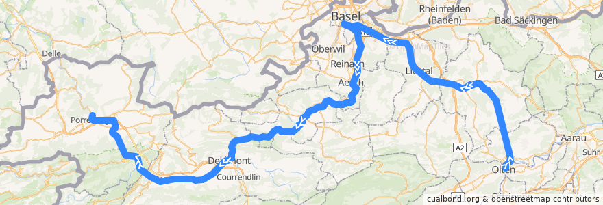 Mapa del recorrido S3: Olten => Porrentruy de la línea  en Schweiz/Suisse/Svizzera/Svizra.